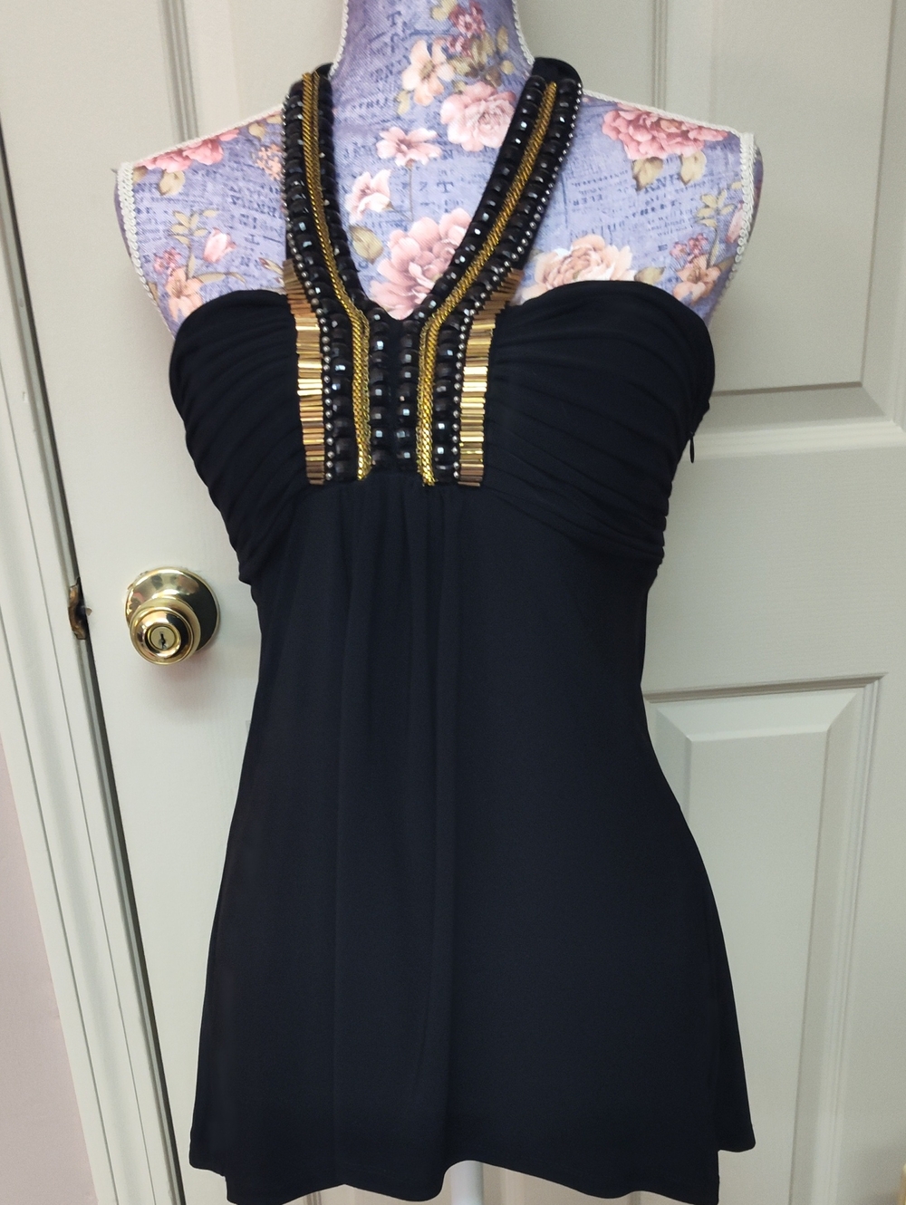 Cache Black Strapless Beaded Halter Top with Gold Accents